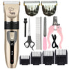 A set of professional pet hair clippers and grooming kit with various blades and attachments shown in a vertical layout.