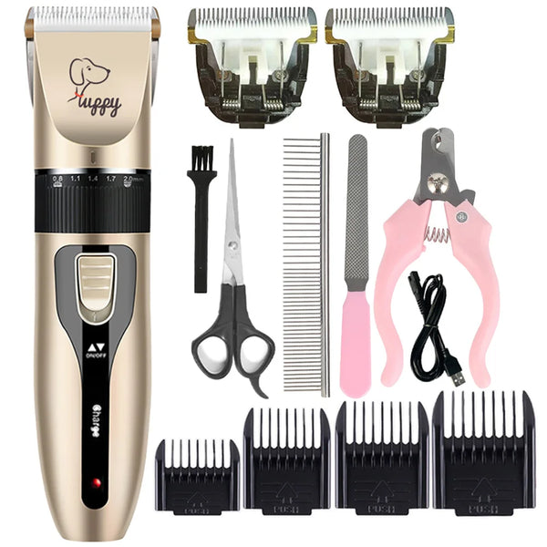 A set of professional pet hair clippers and grooming kit with various blades and attachments shown in a vertical layout.