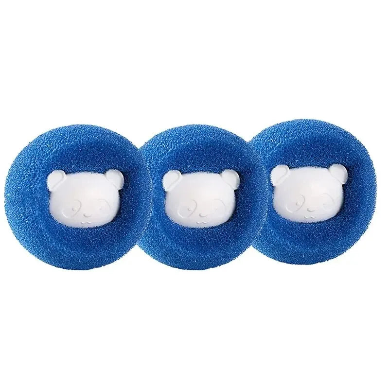 Three blue silicone pet hair removal balls with white bear shapes