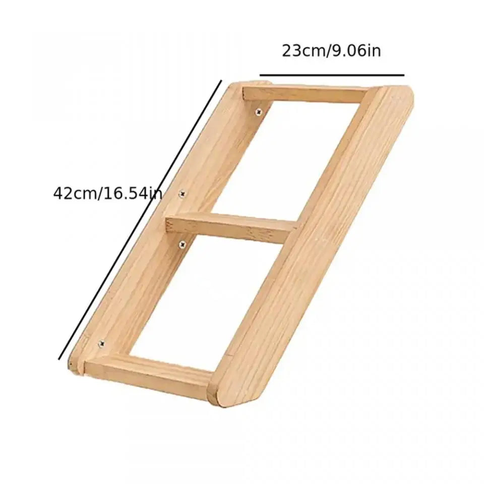 A natural wooden cat wall shelf with climbing perches, showing its dimensions.