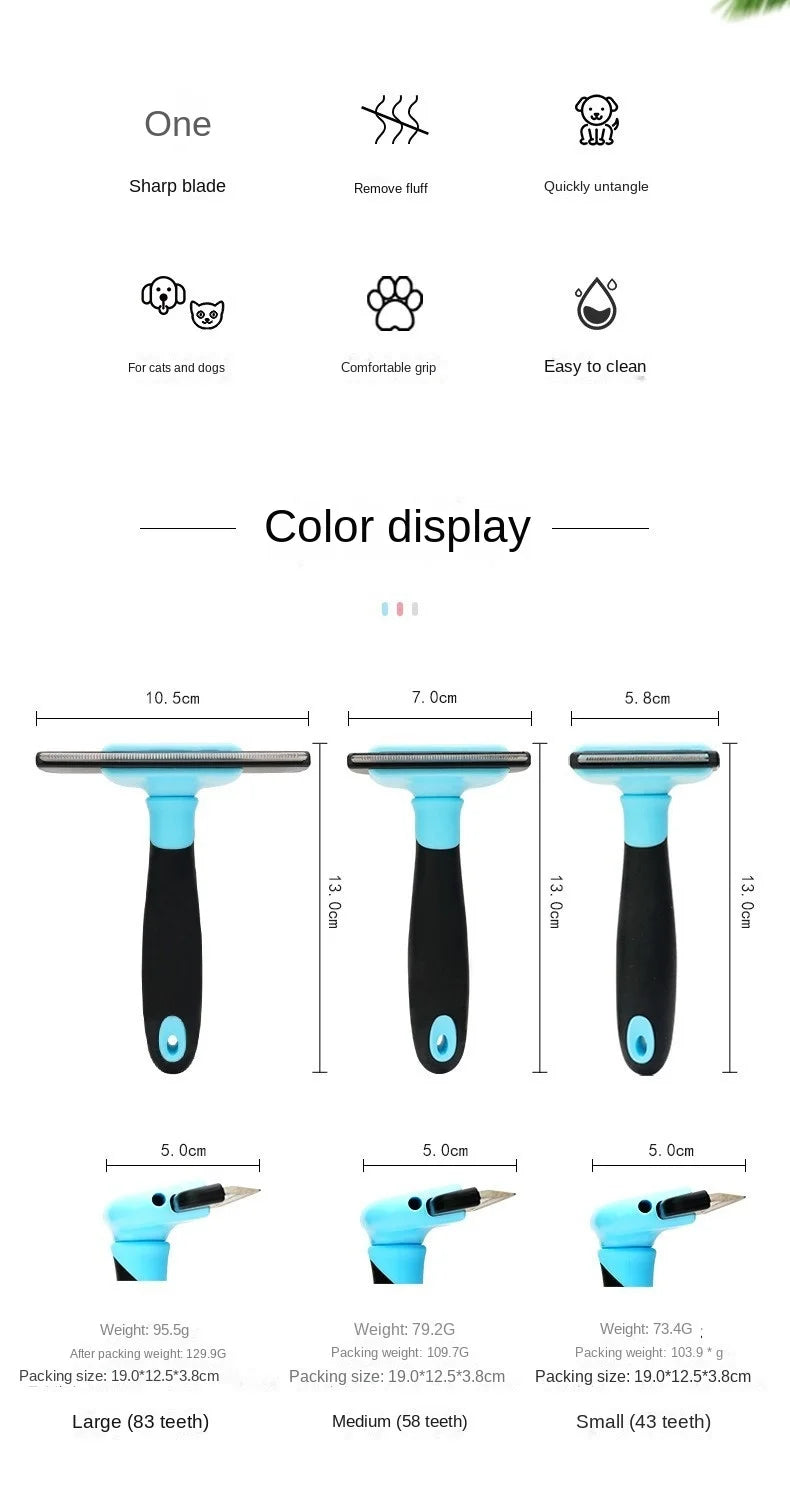 A set of three detachable pet hair grooming combs in black and light blue for cats and dogs.