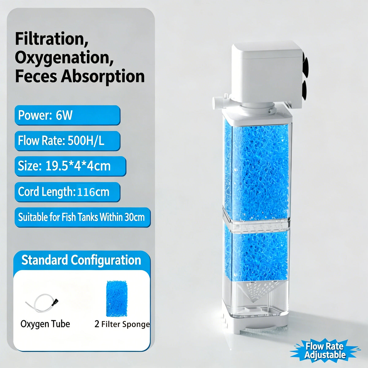 Pompe à air submersible blanche avec corps transparent et éponge filtre bleue