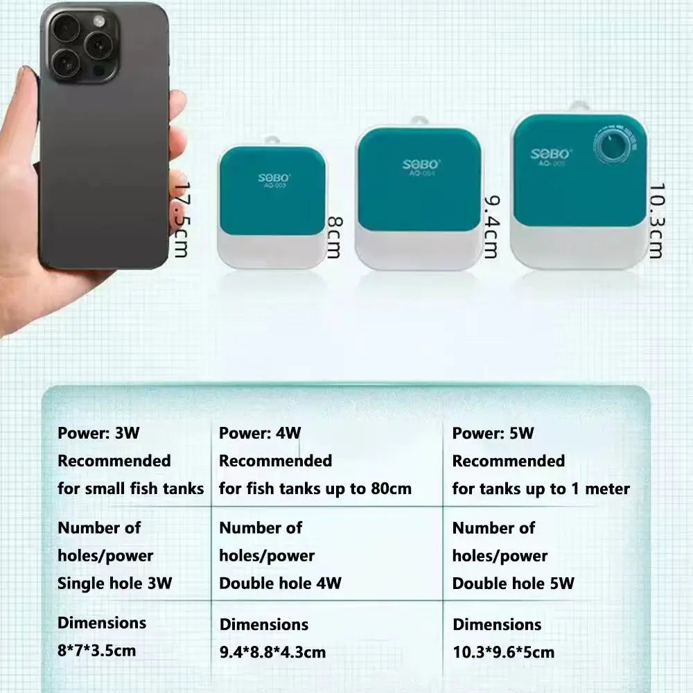 A set of compact adjustable air pumps for aquarium oxygenation shown with various power options and dimensions.