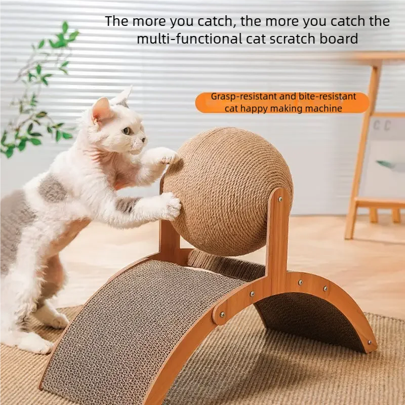 A white cat is interacting with a wooden cat scratch board featuring a sisal-covered ball.