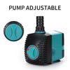 A teal and black submersible water pump with an adjustable mechanism is shown next to a circular adjustment cap.