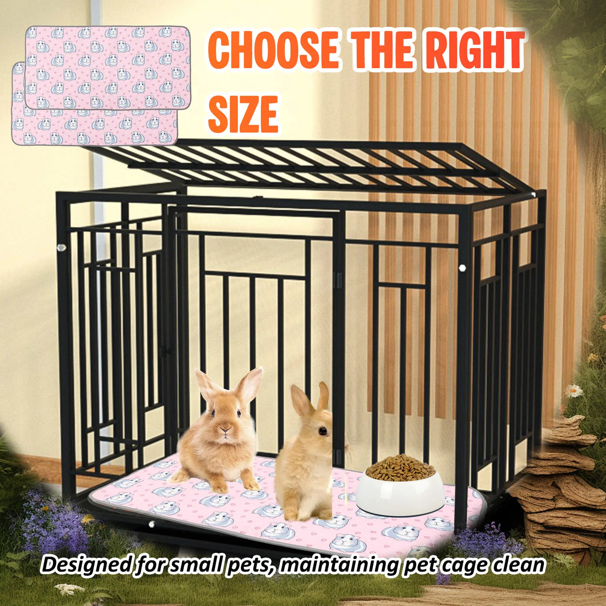 A black wire pet cage designed for small pets, featuring a pink absorbent liner and a rabbit inside.