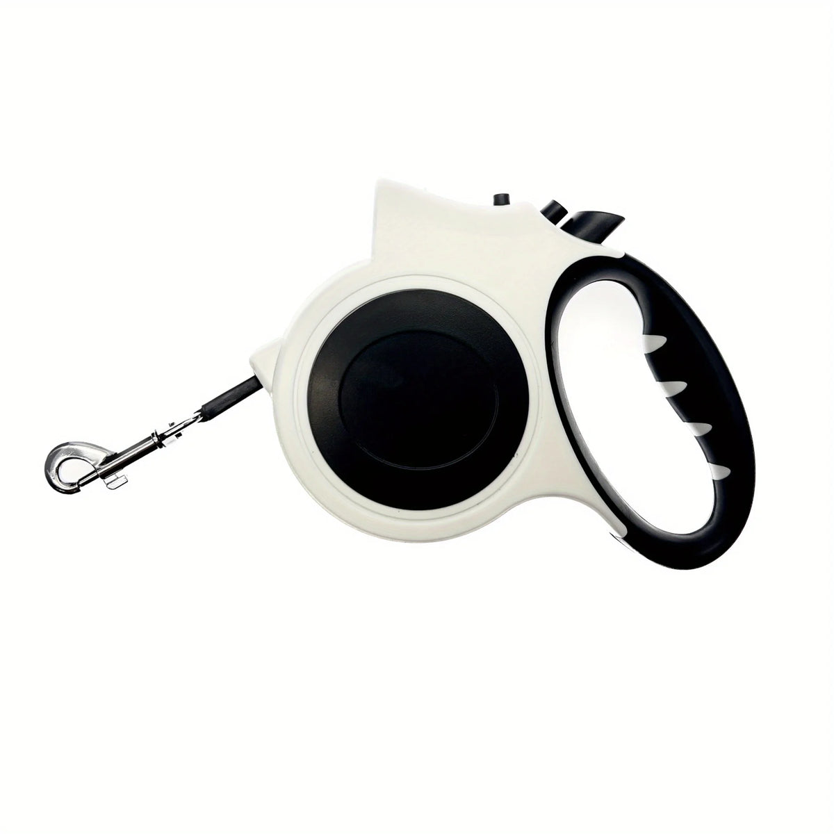 A white illuminated retractable dog leash with a black handle and reflective nylon cord.