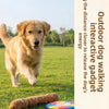 A golden retriever is running across a green field with squeaky dog chew toys lying on the grass.