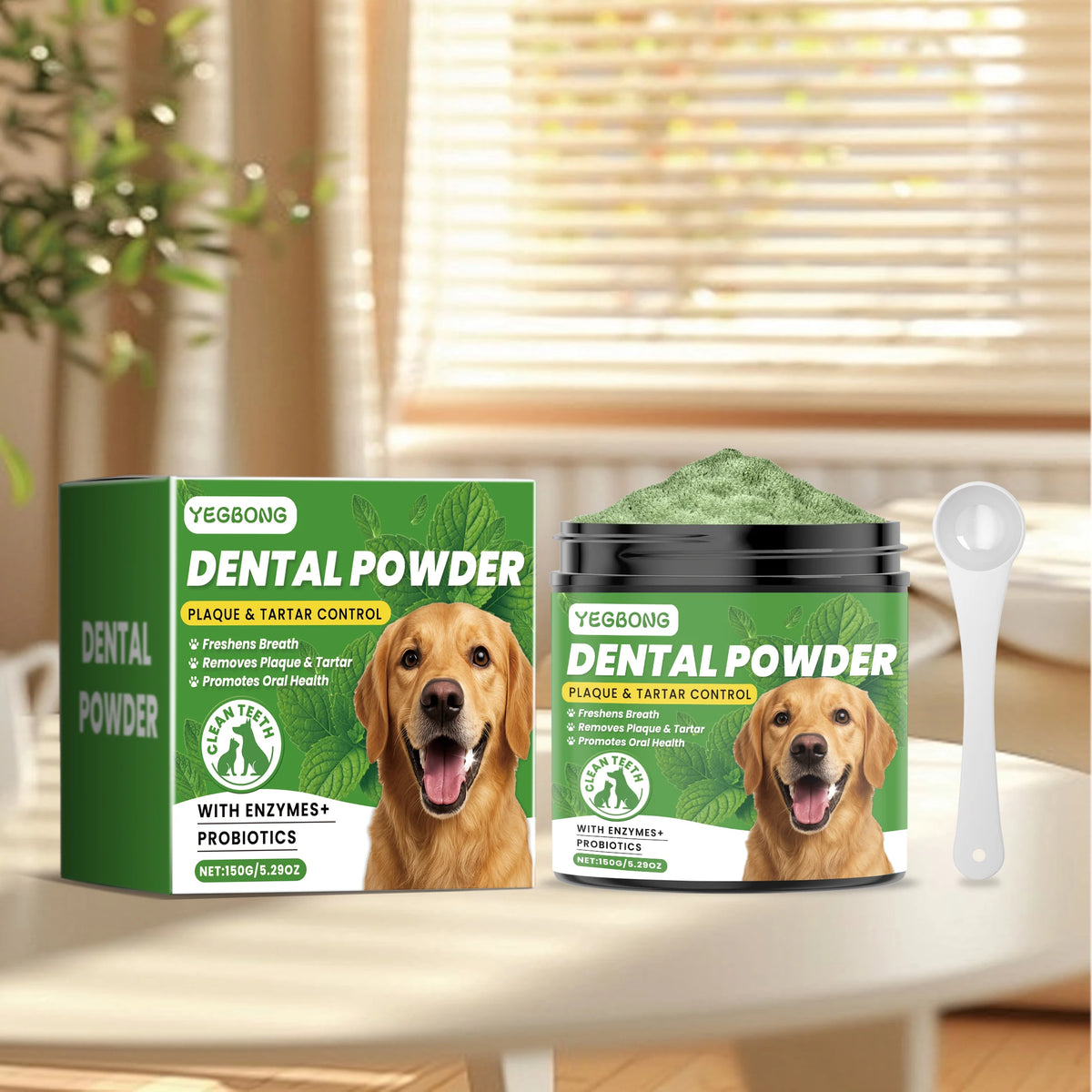 Box and jar of Yegbong Dental Powder for dogs with enzymes and probiotics