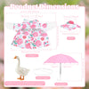 Set aus Porzellan-Gans-Kostümdekorationen mit Figur, rosa Regenschirm und elastischem Seil für Gartendekoration.