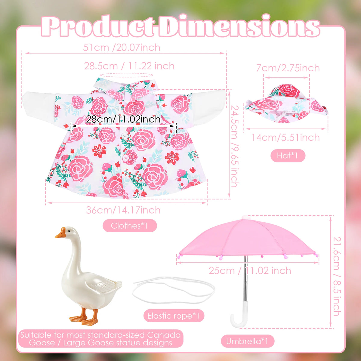 Set aus Porzellan-Gans-Kostümdekorationen mit Figur, rosa Regenschirm und elastischem Seil für Gartendekoration.