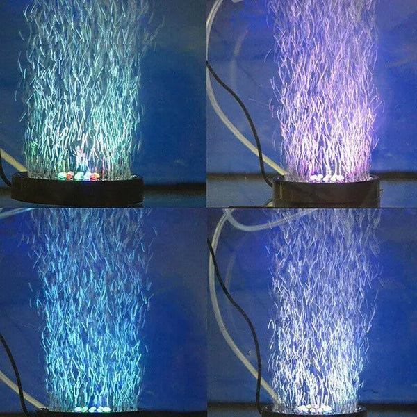 Three images show a color changing submersible aquarium light emitting streams of colored light.