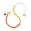 Interactive teeth grinding rope toy for cats featuring orange and cream colored braided rope.
