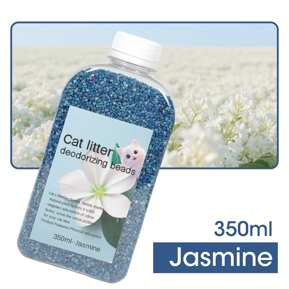 A bottle of 350ml Jasmine cat litter deodorizing beads with a white lid, set against a background of white flowers.