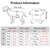 Diagram showing measurements for dog clothing sizes XS to XL including chest girth, back length, and reference weight.