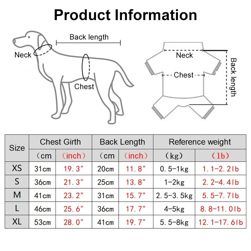 Diagram showing measurements for dog clothing sizes XS to XL including chest girth, back length, and reference weight.