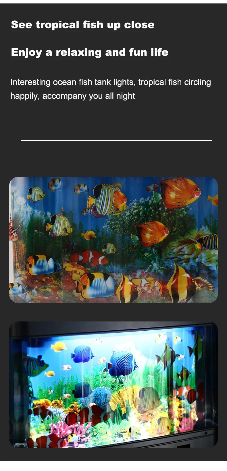 Gros plan d'une lampe de nuit pour aquarium de poissons tropicaux artificiels avec des poissons et des plantes aquatiques col
