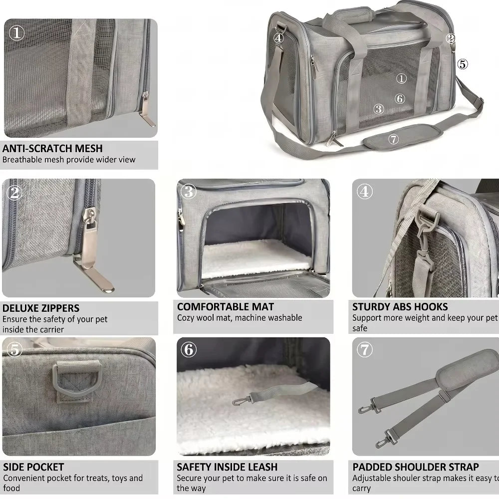 A gray breathable mesh pet carrier backpack with zippered openings and padded features.