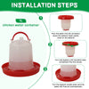 Installation steps for an automatic chicken feeder and waterer combo set showing how to fill the container and tighten the ta