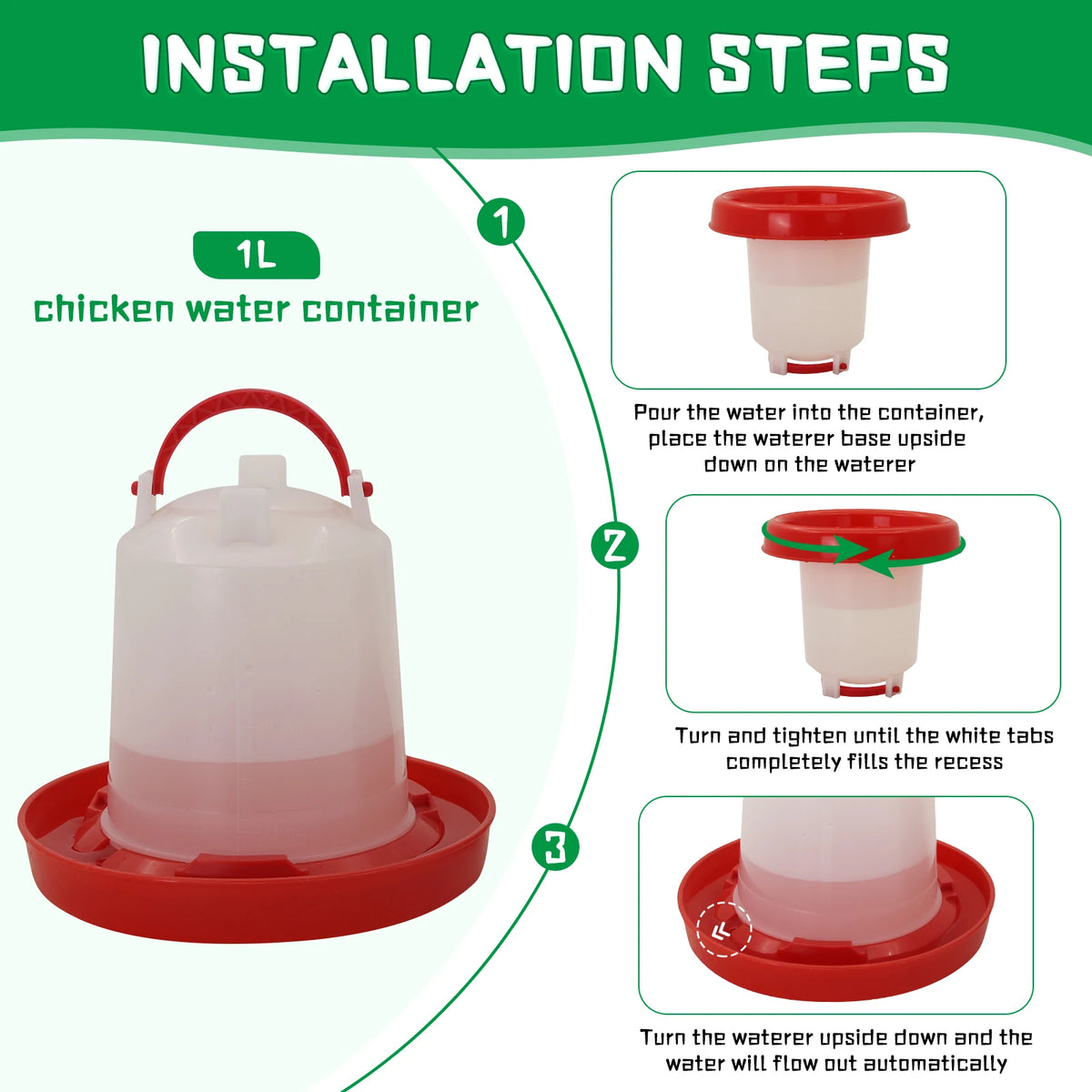 Installation steps for an automatic chicken feeder and waterer combo set showing how to fill the container and tighten the ta