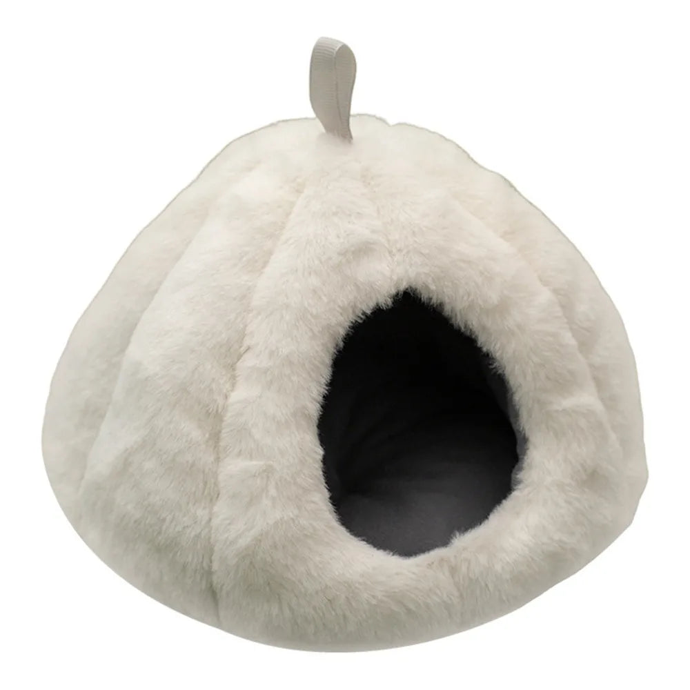 A fluffy white plush hanging nest designed for small pets.