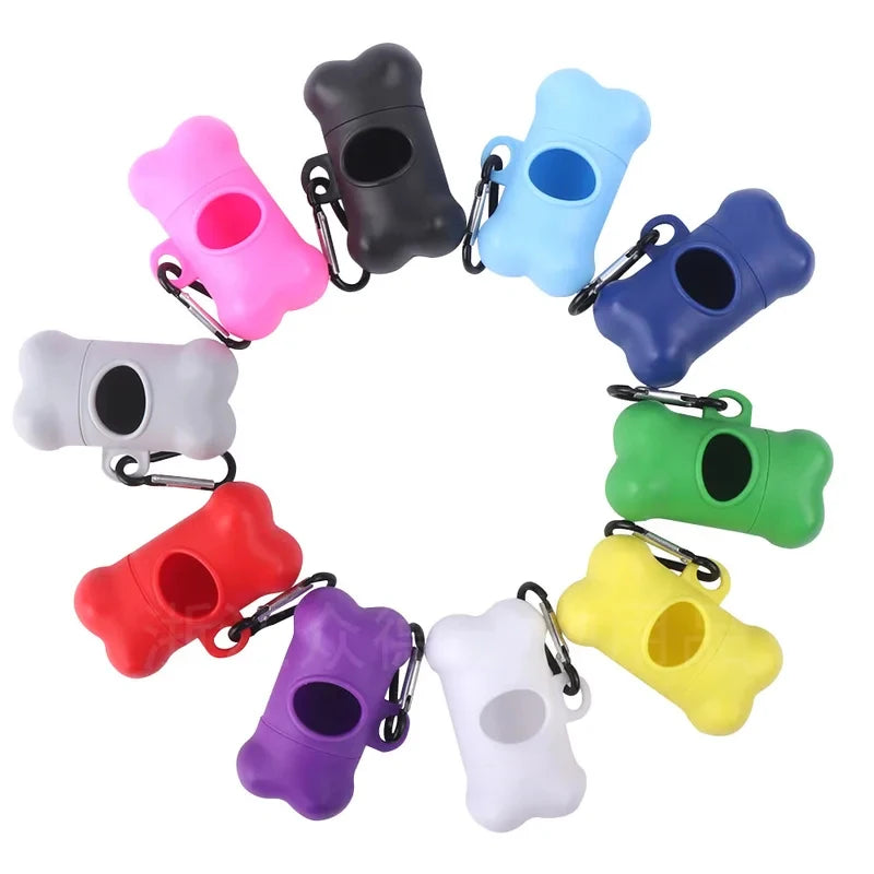 A set of bone-shaped poop bag dispensers in various colors including pink, black, blue, green, and purple.