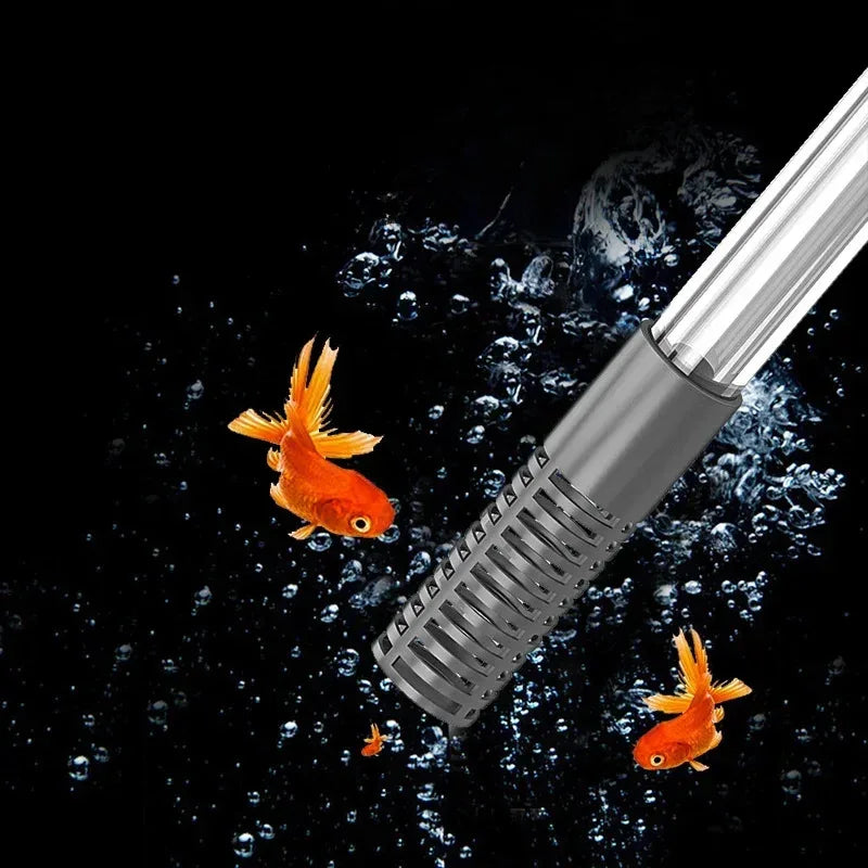 A silver aquarium gravel cleaner and water changer with a siphon pump is shown in action, cleaning water.