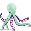 Weiches grünes Plüschoctopusspielzeug mit lila Akzenten und Polka Dots.