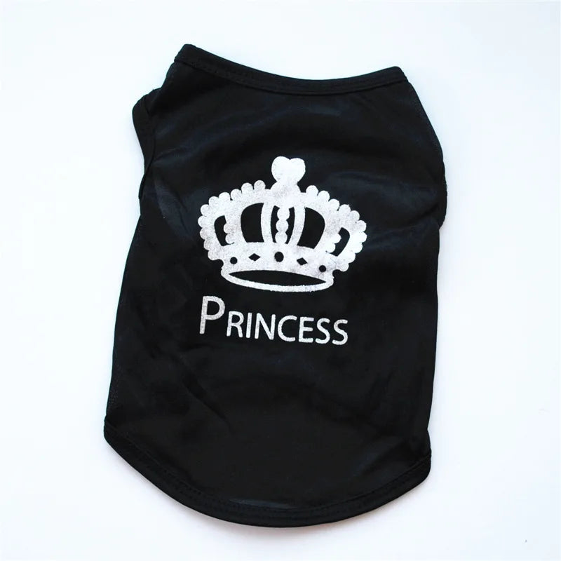 Black puppy t-shirt featuring a white crown pattern and the word Princess