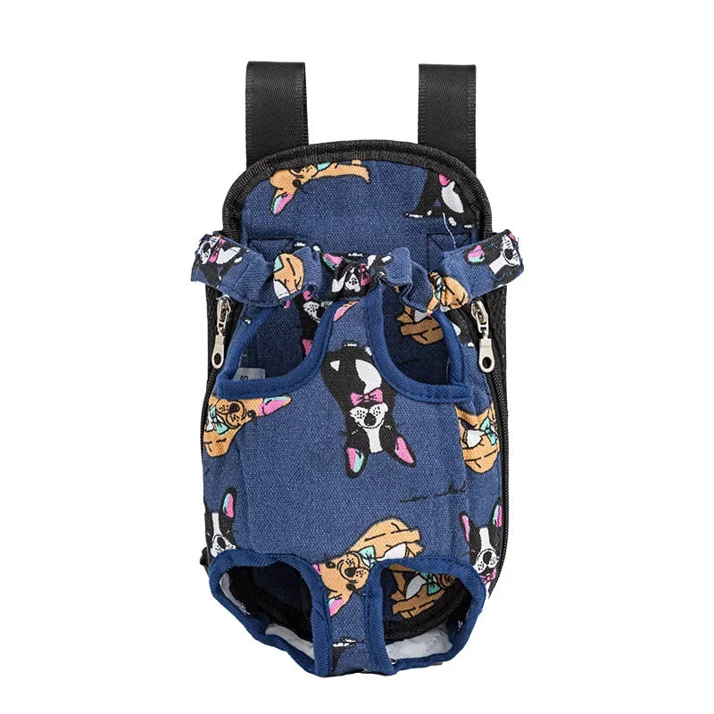 A navy blue adjustable backpack carrier featuring multiple embroidered cat and dog faces.