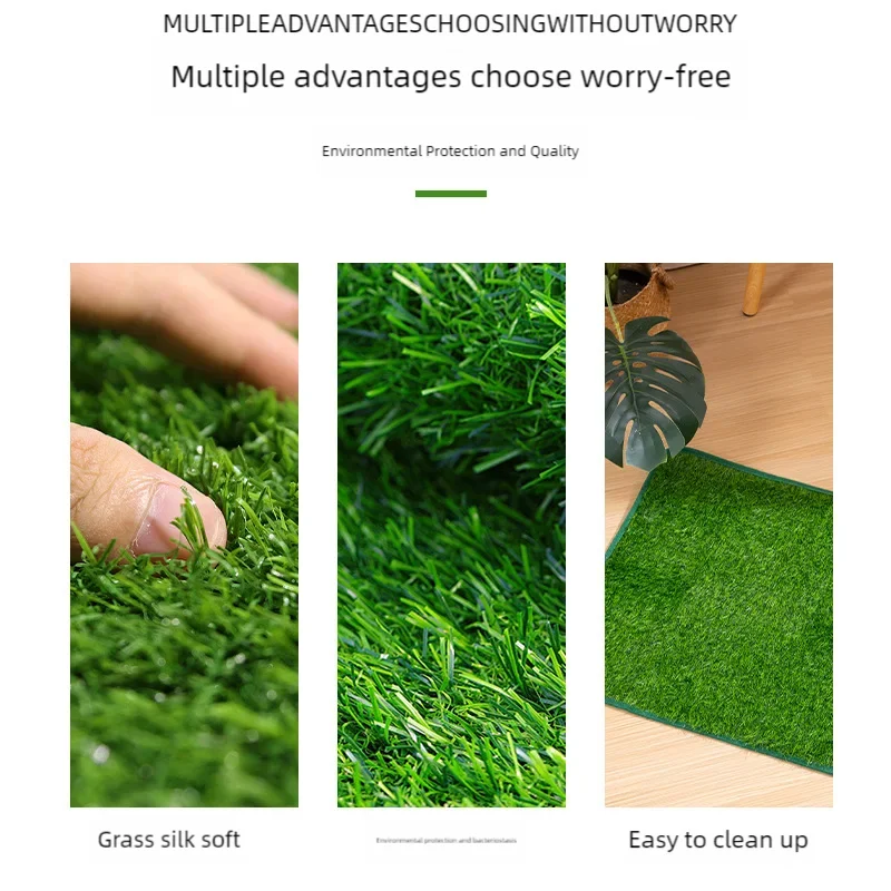 Close-up of green grass silk mat showing texture and fibers, demonstrating softness and ease of cleaning.