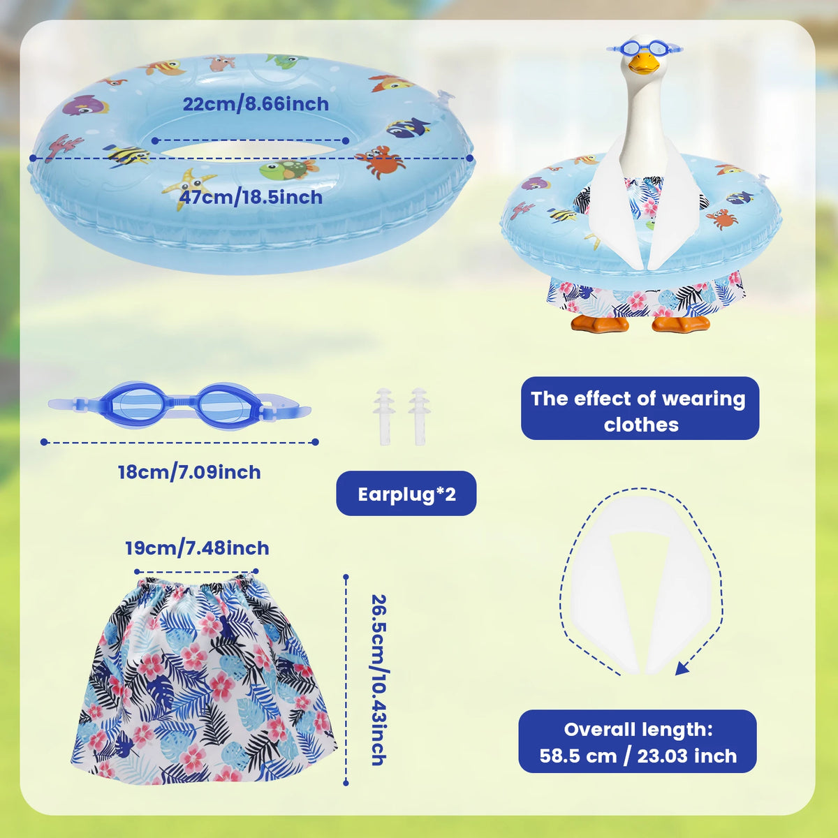 Set mit blauer aufblasbarer Gans, weißer Kostüm und Ohrstöpsel für Gartenverzierung.