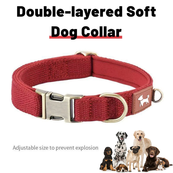 A red double-layered soft dog collar with a silver buckle and leather-like finish.
