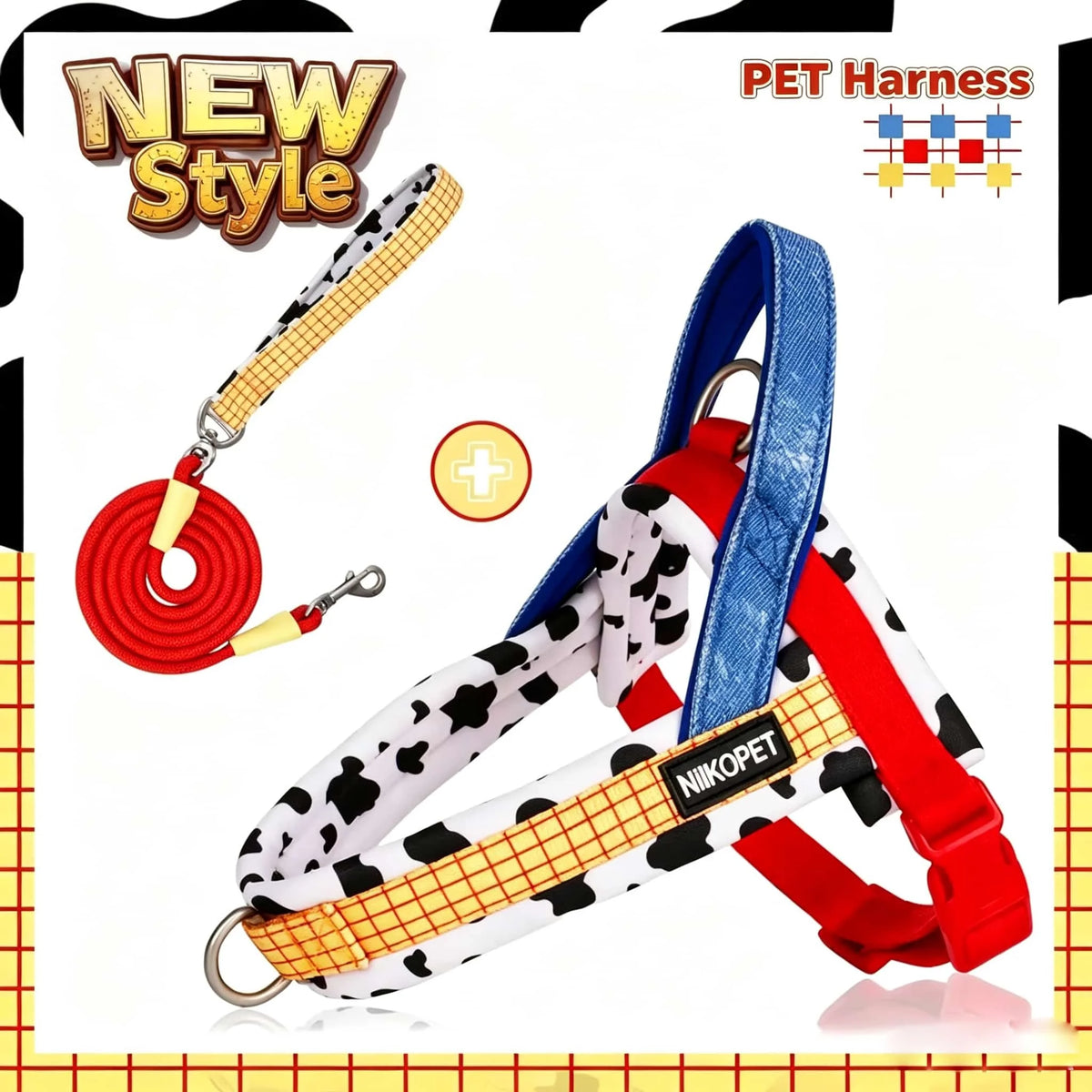 Harnais pour animal à motifs rouge et blanc avec sangle bleue et accents jaunes, montré avec sa laisse et étiquette.