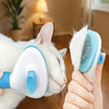 Eine Person benutzt eine weiß-blaue Haarbürste zum Pflegen einer weißen Katze.