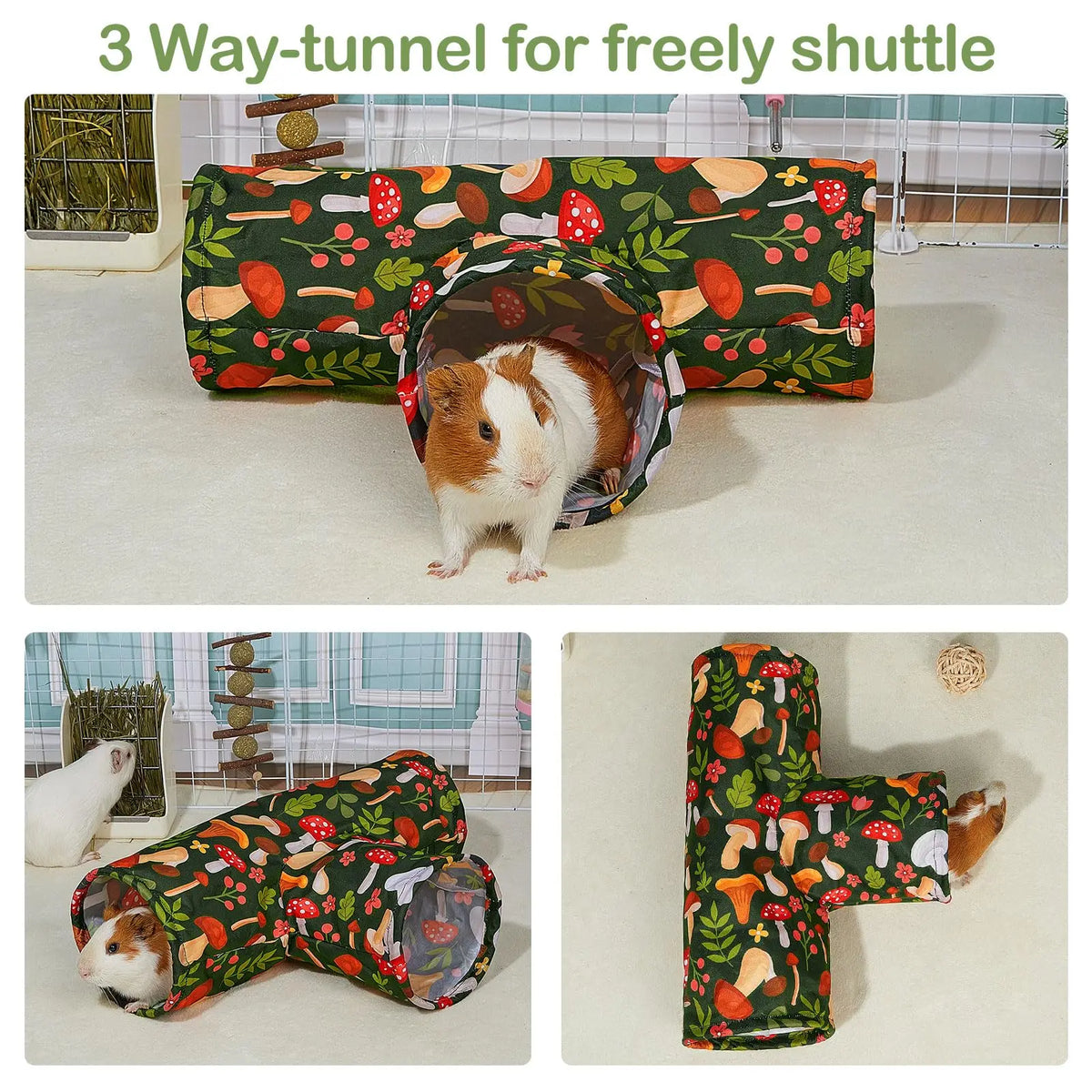 A green and red fabric pet tunnel designed for a freely shuttle, shown in three different folded configurations.