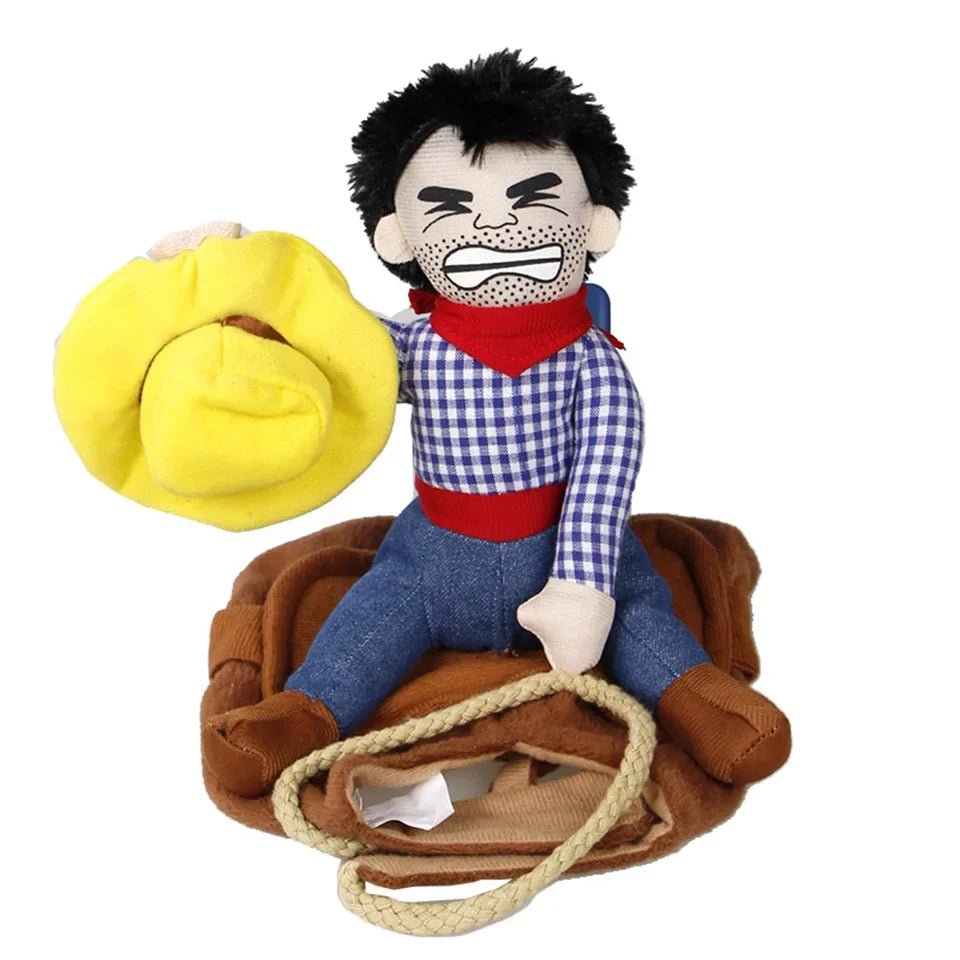 A plush toy depicting a cowboy with a black beard, wearing a plaid shirt and jeans, and holding a yellow hat.