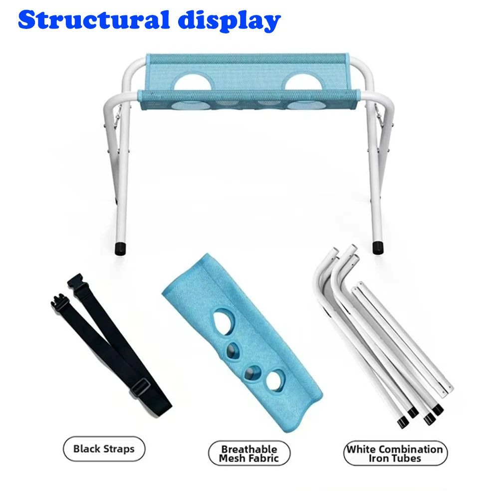 Structural display of a portable pet grooming hammock stand showing white iron tubes, blue breathable mesh fabric, and black 