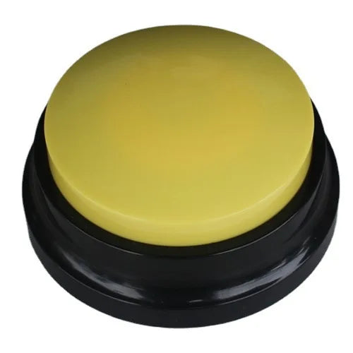 A round, yellow pet communication recording button with a black base.