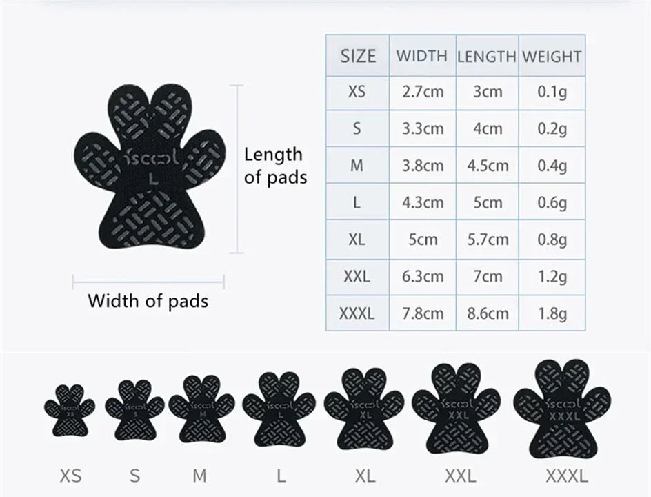 A chart showing various sizes of pet anti-slip paw protectors for dogs, ranging from XS to XXXXL.