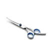 A pair of professional stainless steel pet grooming scissors with blue handles.