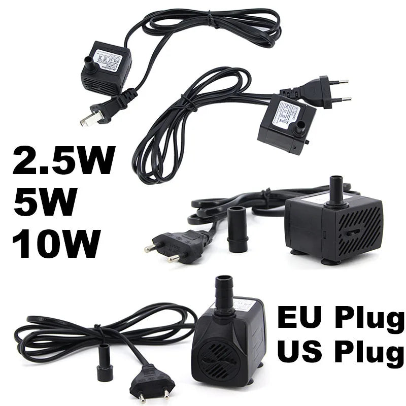 Pompe submersible noire avec différentes options de puissance : 2,5W, 5W et 10W