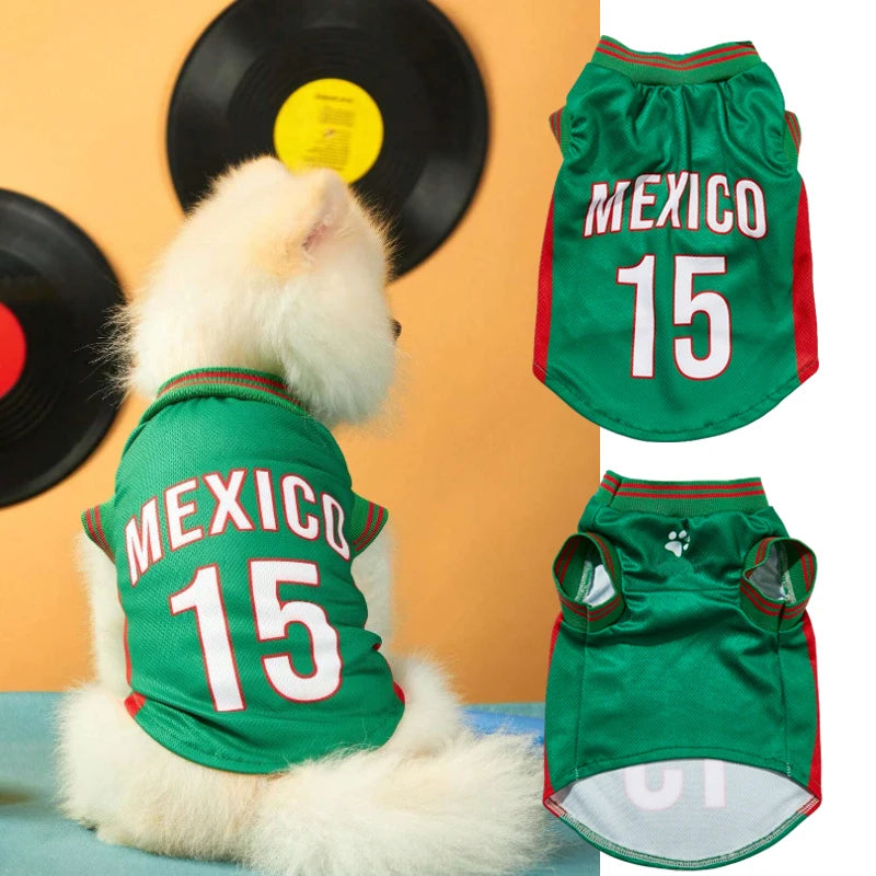 A white dog is sitting next to a green and red sports jersey with the number 15.