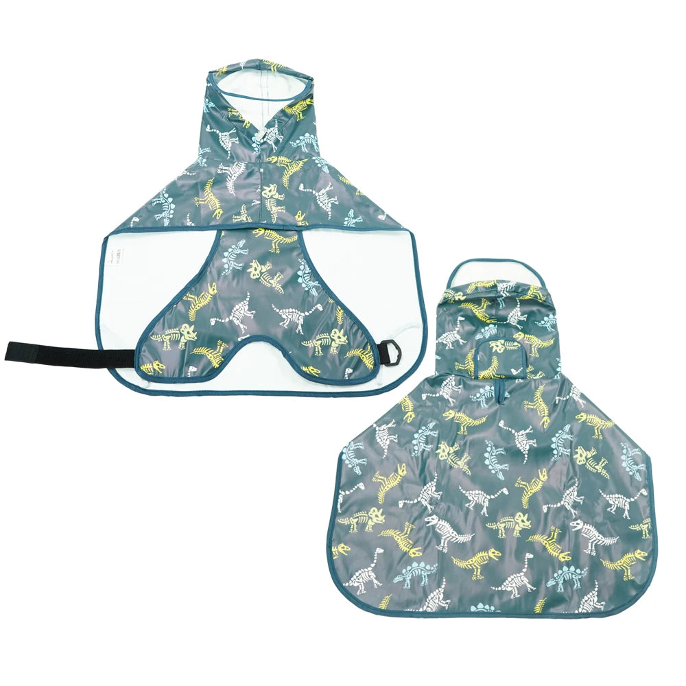 A durable waterproof pet raincoat for dogs in a teal and gray camouflage pattern.