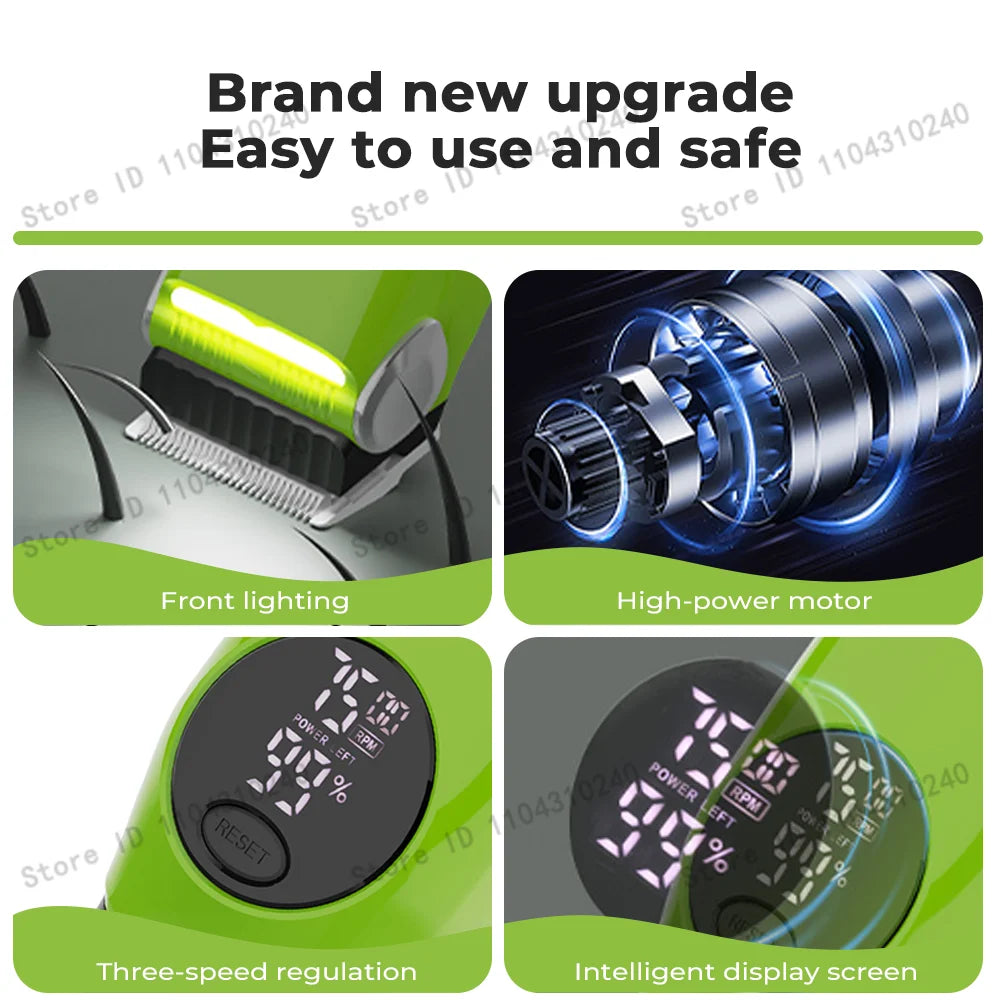 A green pet hair clipper showing front lighting, a high-power motor, three-speed regulation, and an intelligent display scree