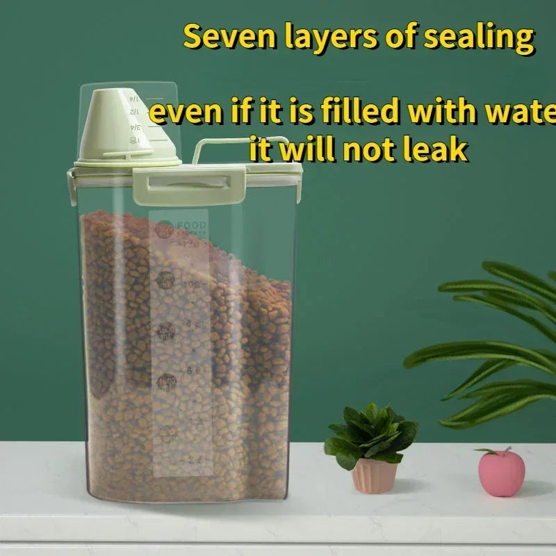 A clear airtight pet food storage container filled with kibble, demonstrating seven layers of sealing.