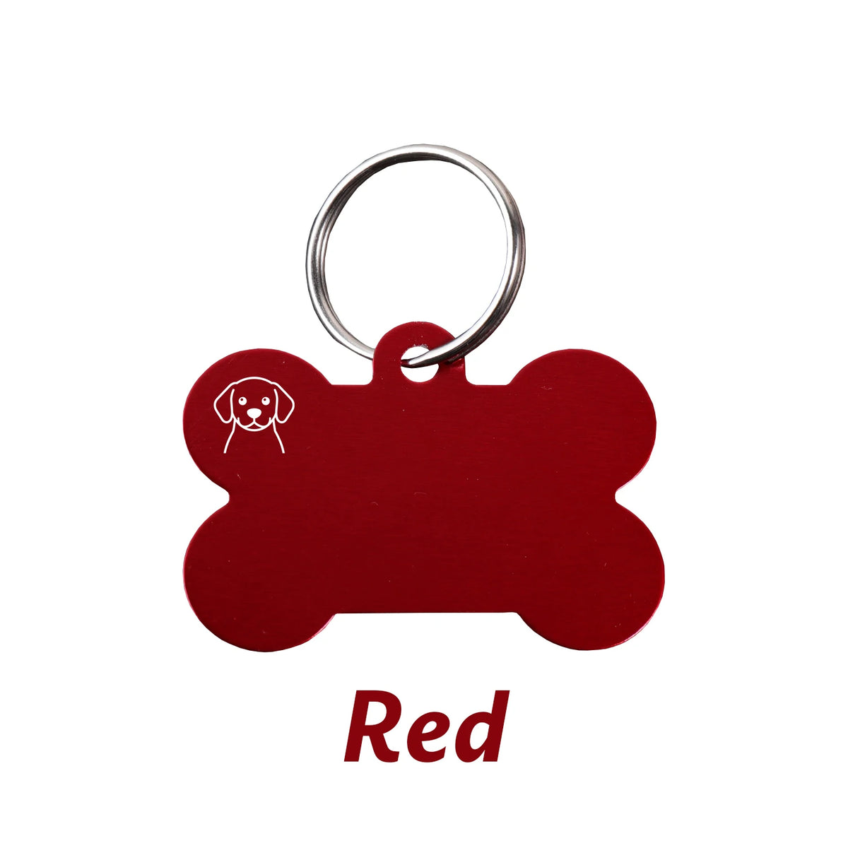 A red bone-shaped dog ID tag with a metal keyring.