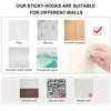 Demonstration showing sticky hooks suitable for various surfaces including tiles, marble, wood, metal, and glass.