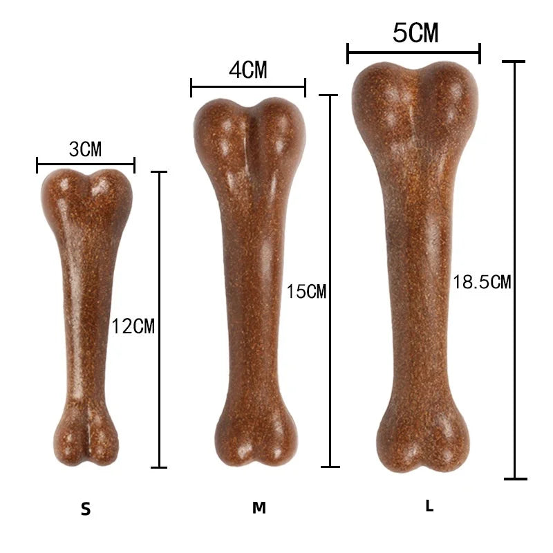 Three sizes of natural wood chew toys for dogs labeled S, M, and L showing different lengths.
