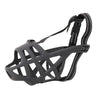 A black breathable basket dog muzzle with a padded strap for safe chewing control.